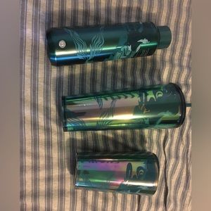 Blue mermaid cups 3 one tumbler one thermos and one glass mug with lid